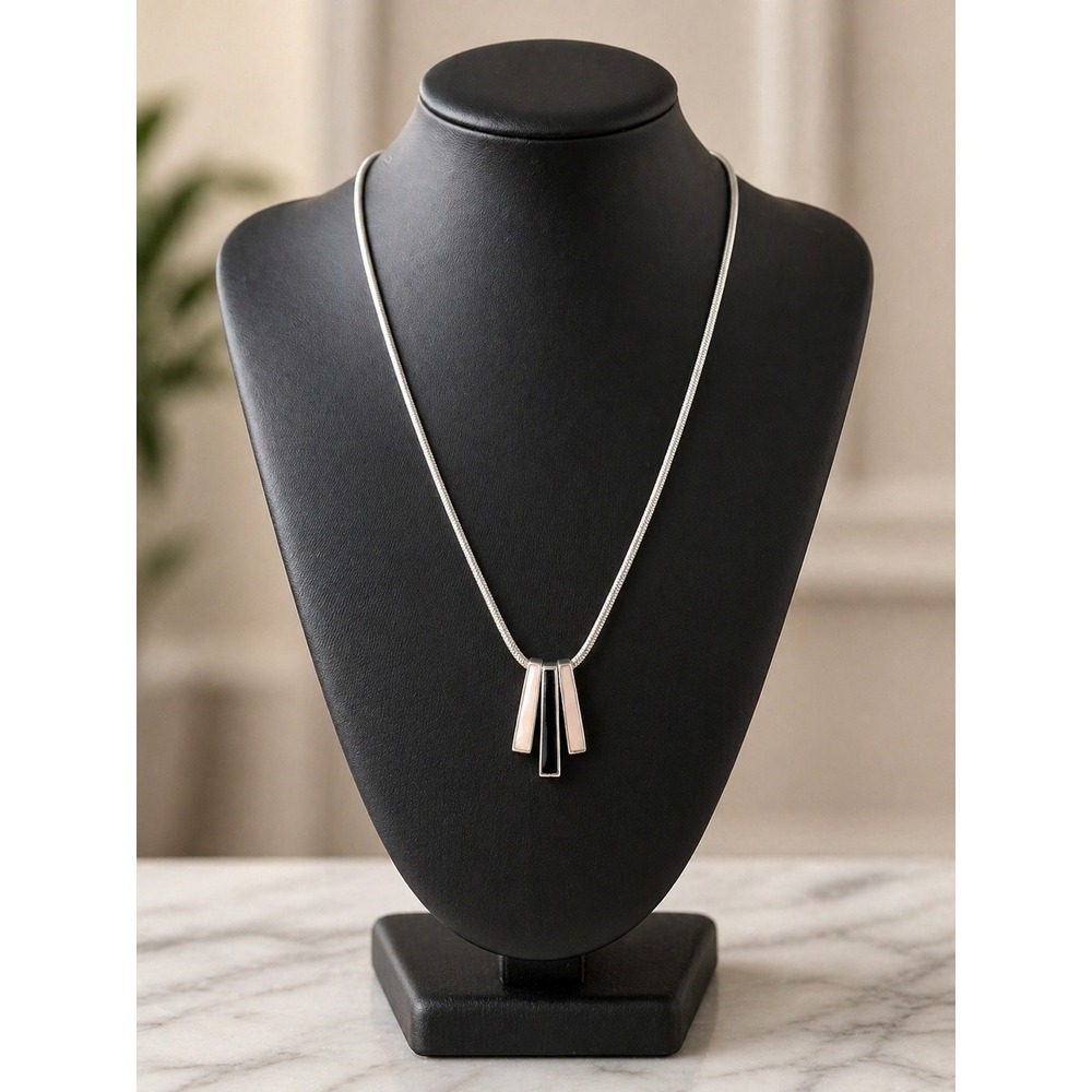 Vintage 90s Sterling Silver 925 Mother of Pearl Black Bar Pendant Necklace